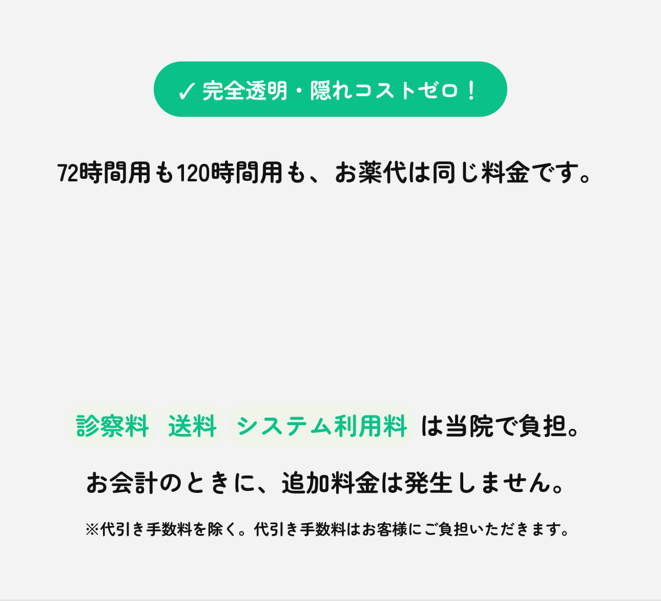 完全透明・隠れコストゼロ。72時間用も120時間用も、お薬代は同じ料金です。診察料・送料・システム利用料は当院で負担。お会計のときに、追加料金は発生しません。